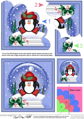Christmas Snowglobe Pip Penguin goes Skating Shell Edged Corner Stacker