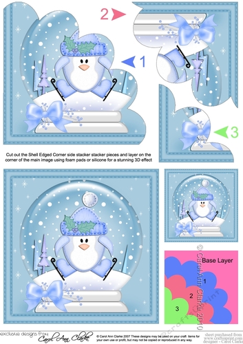 Christmas Snowglobe Pip Penguin goes Skating Shell Edged Corner Stacker