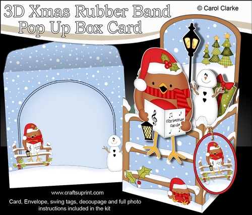 3D Christmas Rubber Band Pop Up Box Card - Christmas Bobbin Robin goes Carol Singing