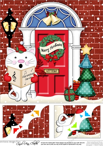8 x 8 Christmas Door Little Cat goes Carol Singing Scalloped Corner Topper