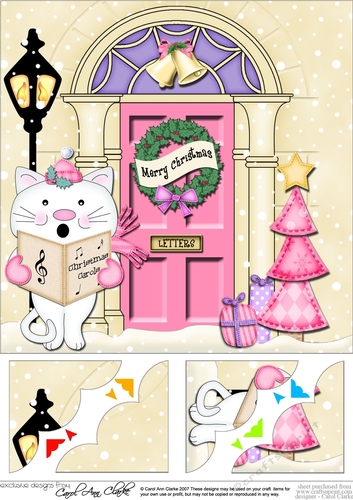8 x 8 Christmas Door Little Cat goes Carol Singing Scalloped Corner Topper