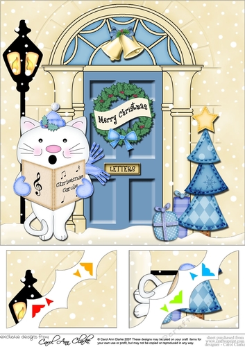 8 x 8 Christmas Door Little Cat goes Carol Singing Scalloped Corner Topper