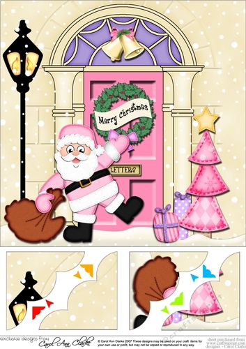 8 x 8 Christmas Door Santa brings a sack of Presents Scalloped Corner Topper