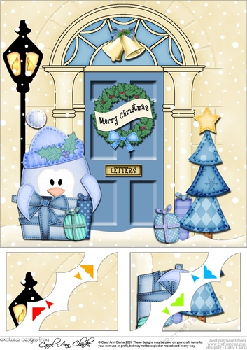 8 x 8 Christmas Door Pip Penguin has a Present Scalloped Corner Topper