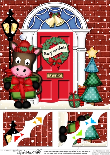 8 x 8 Christmas Door GiGi Horse has a present Scalloped Corner Topper
