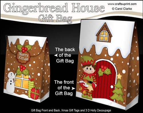 3D Christmas Little Elf has a Christmas Stocking and Star at the Gingerbread House Gift Bag Mini Kit