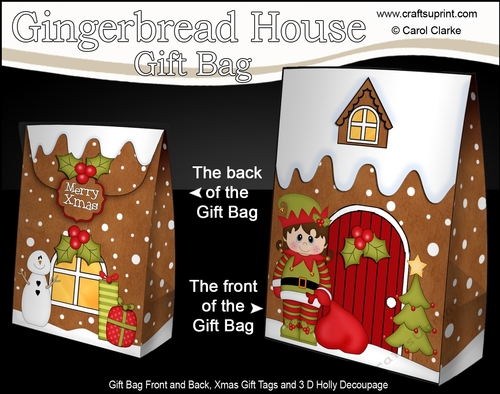 3D Christmas Little Elf brings presents in Santas Sack to the Gingerbread House Gift Bag Mini Kit