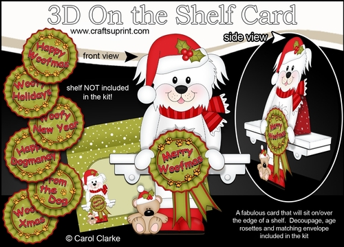 3D On the Shelf Card Kit - Christmas Bichon Frise Dog with Seasonal Greetings Rosettes