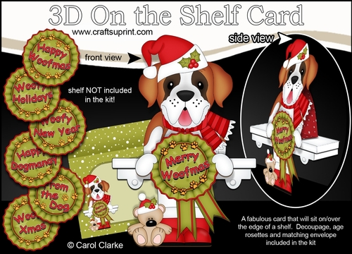 3D On the Shelf Card Kit - Christmas St Bernard Dog with Seasonal Greetings Rosettes