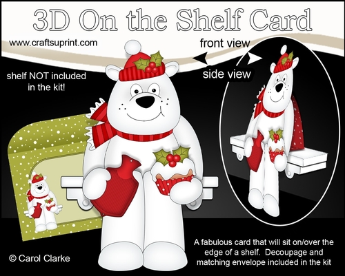 3D On the Shelf Card Kit - Christmas Ben Polar Bear cuddles up with a Hot Water Bottle & Cupcake