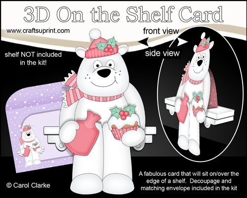 3D On the Shelf Card Kit - Christmas Ben Polar Bear cuddles up with a Hot Water Bottle & Cupcake