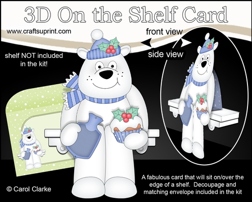 3D On the Shelf Card Kit - Christmas Ben Polar Bear cuddles up with a Hot Water Bottle & Cupcake