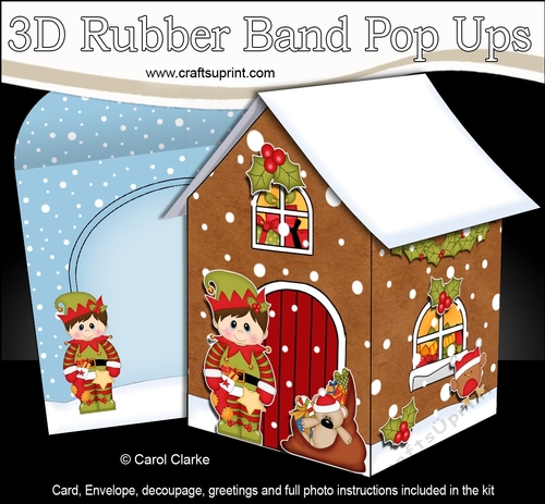 3D Rubber Band Pop Up Christmas Card - Little Elf has a Christmas Stocking at the Christmas Gingerbread House 