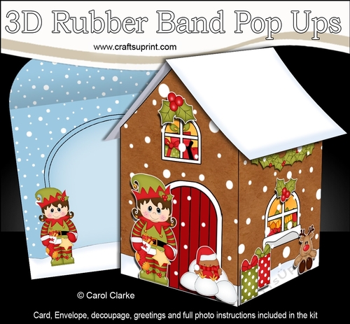 3D Rubber Band Pop Up Christmas Card - Little Elf has a Christmas Stocking at the Christmas Gingerbread House 