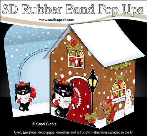 3D Rubber Band Pop Up Christmas Card - Little Cat is Carol Singing at the Christmas Gingerbread House 