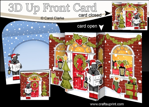 3D Christmas Up Front Card -  Hamish Scottie Dog is Carol Singing the Christmas House