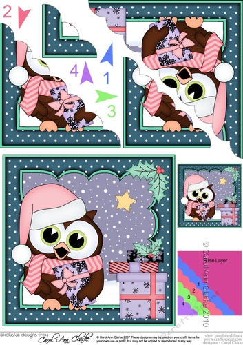 Christmas Little Hoot Owl has a Christmas Present Scallop Corner Topper