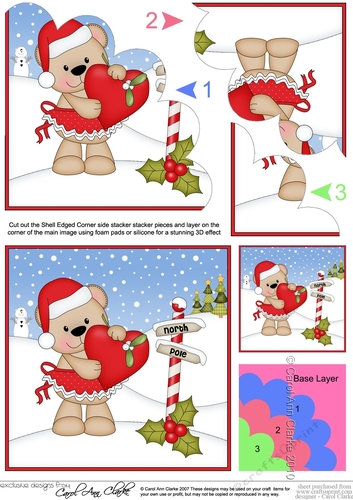 Christmas Livvy Bear has a Heart & Mistletoe at the North Pole Shell Edged Stacker