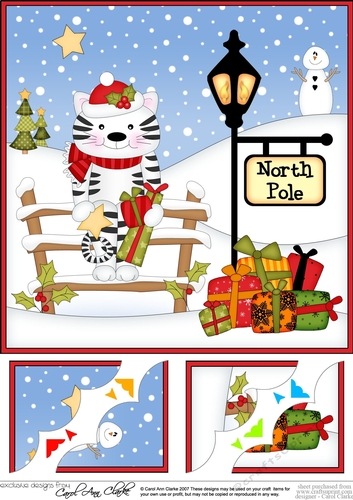 8 x 8 Christmas at the North Pole Little Striped Cat has Presents Scalloped Corner Topper