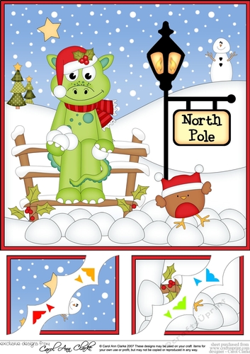 8 x 8 Christmas at the North Pole Denis Dinosaur has a Snowball Fight with Bobbin Robin Scalloped Corner Topper