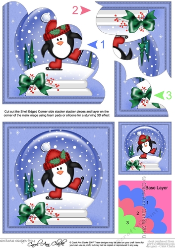 Christmas Snowglobe Pip Penguin goes Skating Shell Edged Corner Stacker