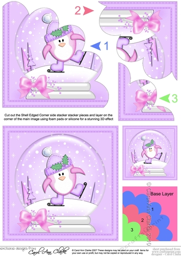 Christmas Snowglobe Pip Penguin goes Skating Shell Edged Corner Stacker