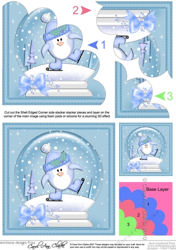 Christmas Snowglobe Pip Penguin goes Skating Shell Edged Corner Stacker