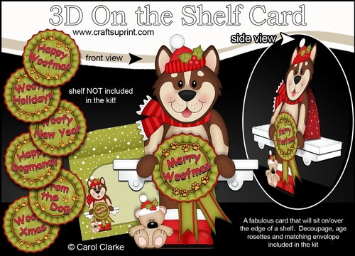 3D On the Shelf Card Kit - Christmas Husky Dog with Seasonal Greetings Rosettes