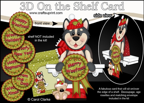 3D On the Shelf Card Kit - Christmas Husky Dog with Seasonal Greetings Rosettes