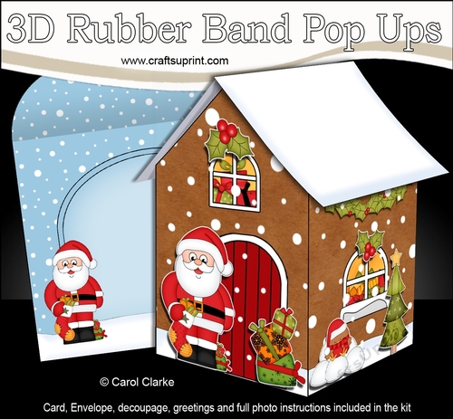 3D Rubber Band Pop Up Christmas Card - Santa has a Christmas Stocking at the Christmas Gingerbread House
