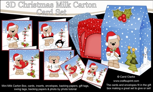 3D Christmas Livvy Bear Cards in a Mini Milk Carton Bumper Kit