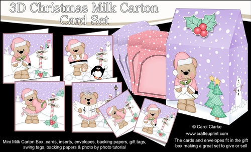 3D Christmas Livvy Bear Cards in a Mini Milk Carton Bumper Kit
