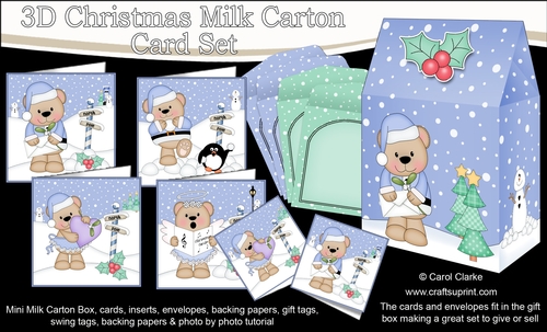 3D Christmas Livvy Bear Cards in a Mini Milk Carton Bumper Kit