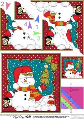 Christmas Snowman Oli has a Christmas Tree Scallop Corner side stacker Topper