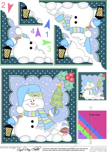 Christmas Snowman Oli has a Christmas Tree Scallop Corner side stacker Topper