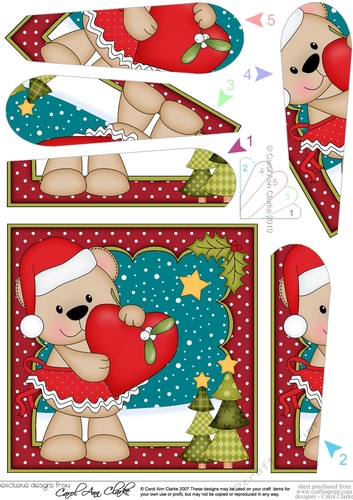 Christmas Livvy Bear has a Heart & Mistletoe Fan Pyramage Topper