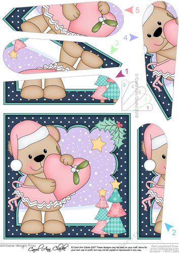 Christmas Livvy Bear has a Heart & Mistletoe Fan Pyramage Topper