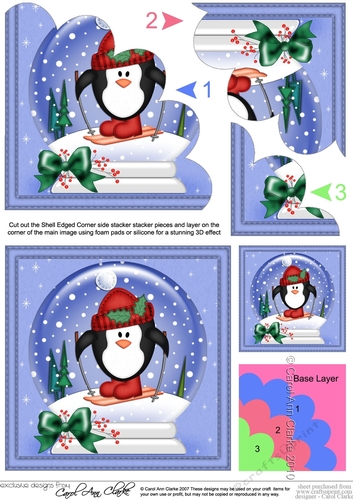 Christmas Snowglobe Pip Penguin goes Skiing Shell Edged Corner Stacker