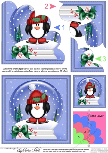 Christmas Snowglobe Pip Penguin goes Skating Shell Edged Corner Stacker