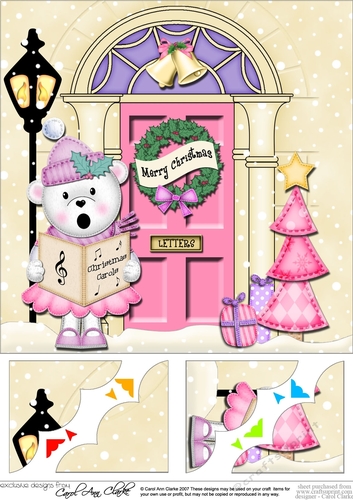 8 x 8 Christmas Door Teddy Tess goes Carol Singing Scalloped Corner Topper