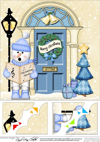 8 x 8 Christmas Door Cute Snowman goes Carol Singing Scalloped Corner Topper