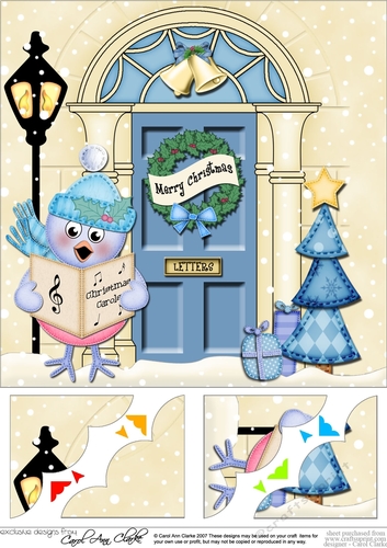 8 x 8 Christmas Door Cute Robin goes Carol Singing Scalloped Corner Topper