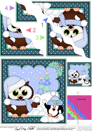 Christmas Little Hoot Owl has a Snowball Fight with Pip Penguin Wavy Corner side stacker Topper