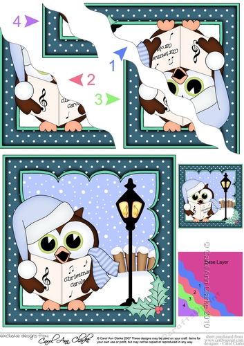 Christmas Little Hoot Owl goes Carol Singing Wavy Corner side stacker Topper