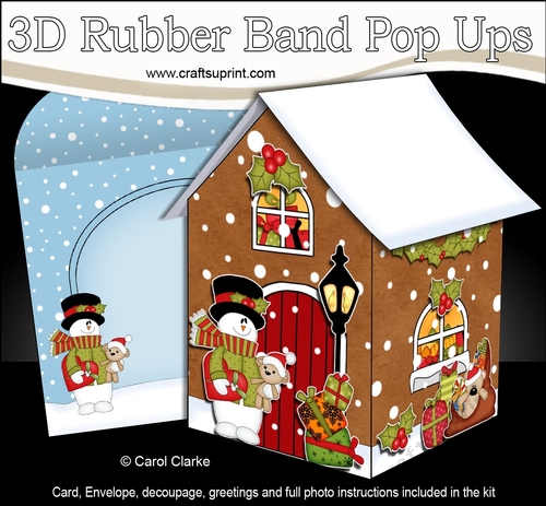 3D Rubber Band Pop Up Christmas Card - Snowman Rio is in love the Christmas Gingerbread House