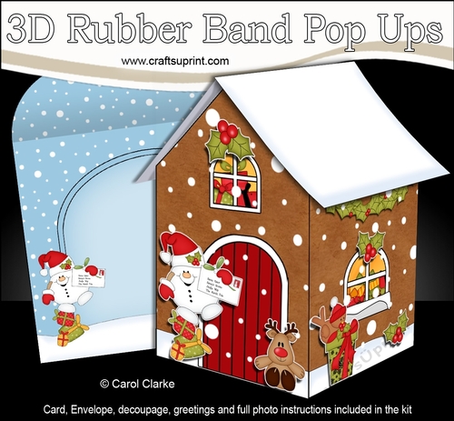 3D Rubber Band Pop Up Christmas Card - Snowball Sam has a Letter for Santa at the Christmas Gingerbread House