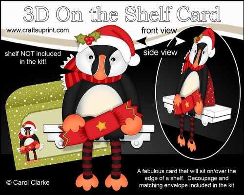 3D On the Shelf Card Kit - Little Christmas Puffin Pilchard has a Christmas cracker