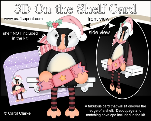3D On the Shelf Card Kit - Little Christmas Puffin Minnow has a Christmas cracker