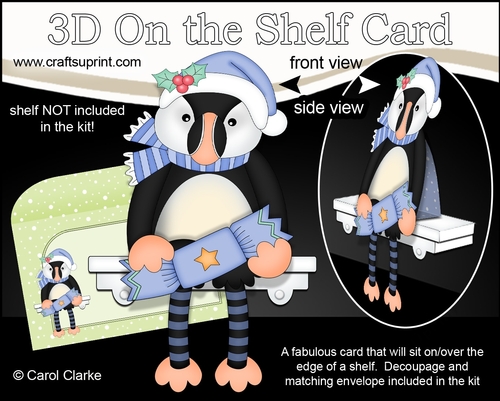 3D On the Shelf Card Kit - Little Christmas Puffin Pilchard has a Christmas cracker