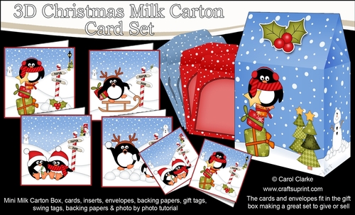 3D Christmas Penguins Cards in a Mini Milk Carton Bumper Kit